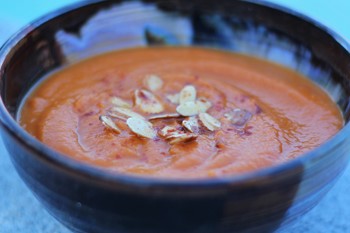 Caramelized Carrot and Ginger Miso Soup with almonds and pomegranate