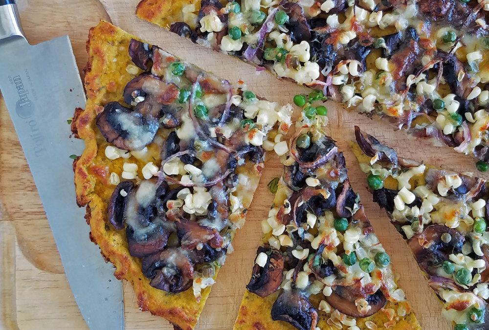 Corn and Cremini Chickpea Cauliflower “Pizza”