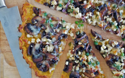 Corn and Cremini Chickpea Cauliflower “Pizza”