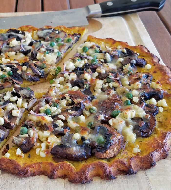 Corn cremini chickpea Cauliflower pizza